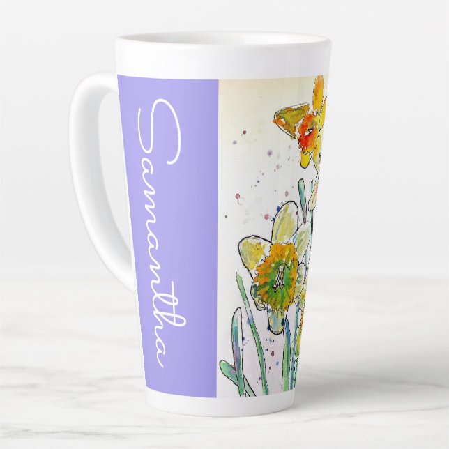 Tasse Latte Daffodique Fleur Floral Aquarelle Femme Nom (Angle gauche)