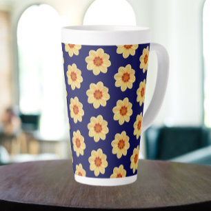 Tasse Latte Dahlia jaune motif floral sur bleu