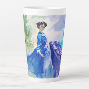 Tasse Latte Dame en Robe Bleue - Peinture aquarelle