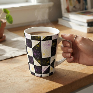 Tasse Latte Damier esthétique B&W Daisy Violet Jaune