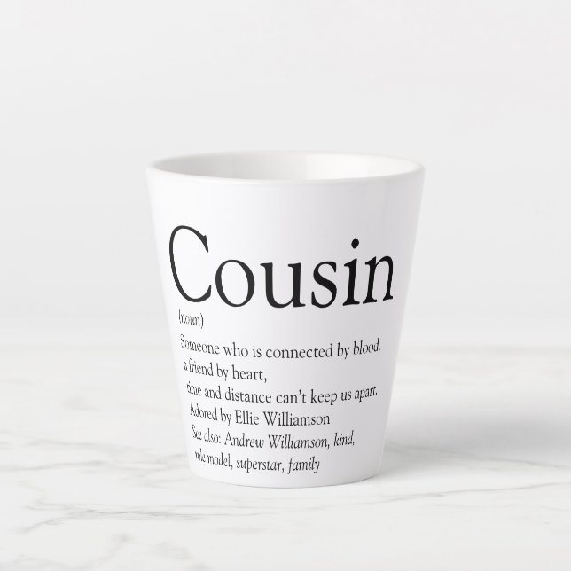 Tasse Latte Définition de cousin typographique noir et blanc  (Devant)