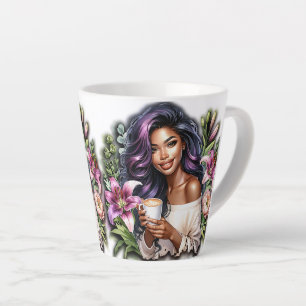 Tasse Latte Design Floral Jolie Dame Avec Café