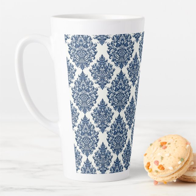 Tasse Latte dessin damas bleu (En situation)