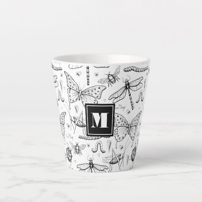 Tasse Latte Dessin d'insectes noir et blanc vintage (Devant)