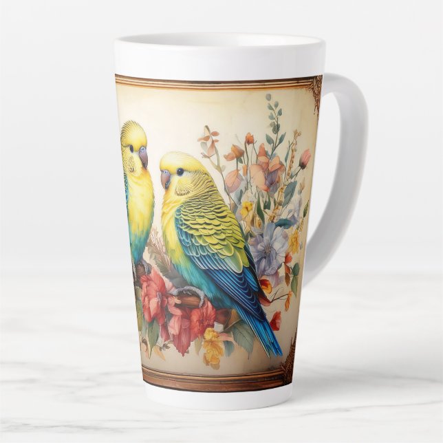 Tasse Latte Deux perroquets et fleurs (Angle droit)