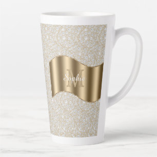 Tasse Latte Diamants, Grand Monogramme Doré Nom en Écriture Bl