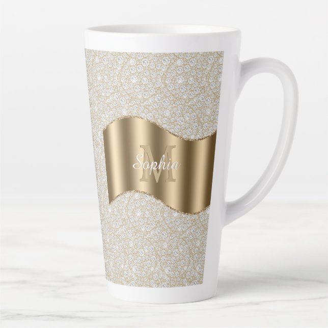Tasse Latte Diamants, Grand Monogramme Doré Nom en Écriture Bl (Droite)