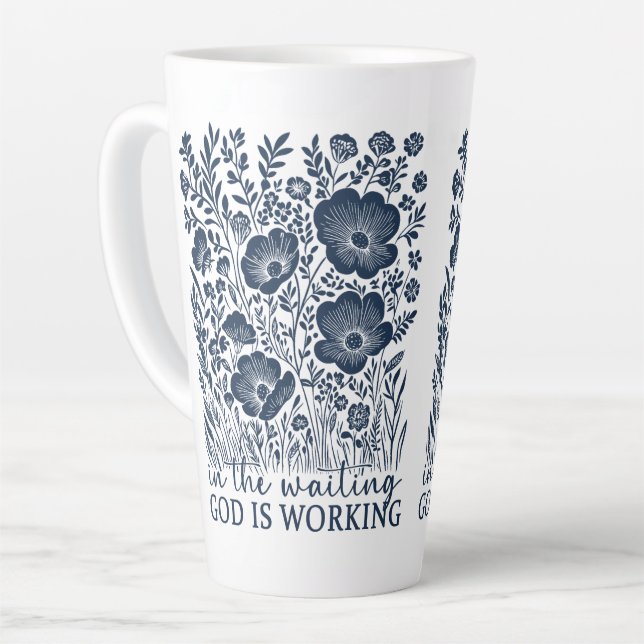 Tasse Latte Dieu travaille dans l'attente Blue Floral Christia (Angle gauche)