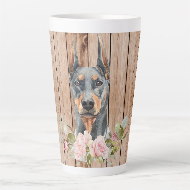 Tasse Latte Doberman & Fleurs à l'aquarelle (Devant)