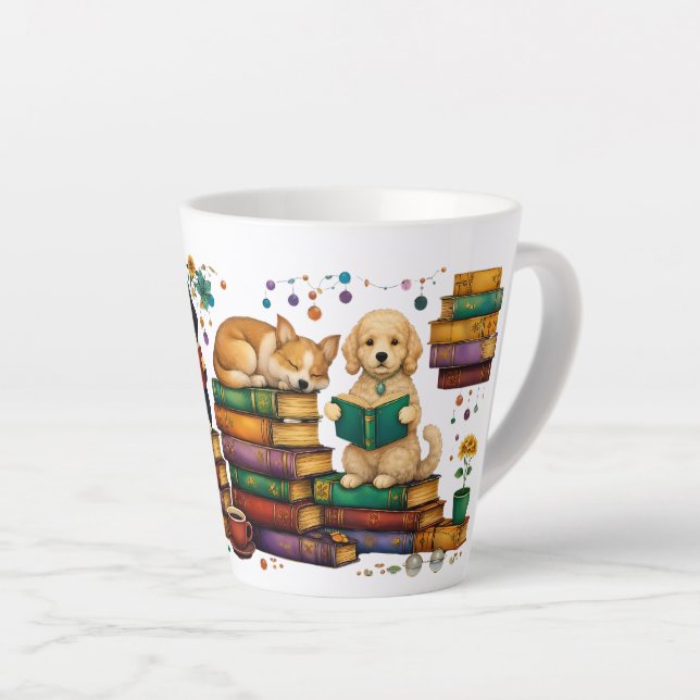 Tasse Latte Dogs Reading Books Cozy Library Scene (Angle droit)