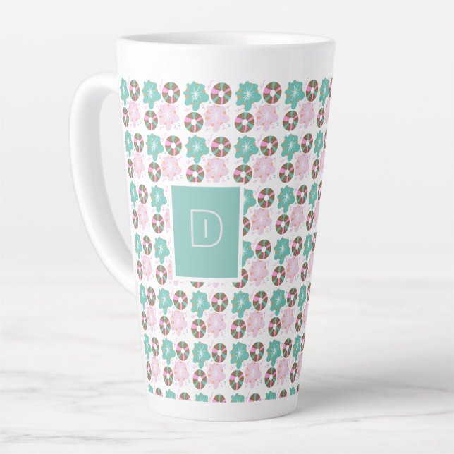 Tasse Latte Donuts glaçés de Noël gribouillis rose Initial (Angle gauche)
