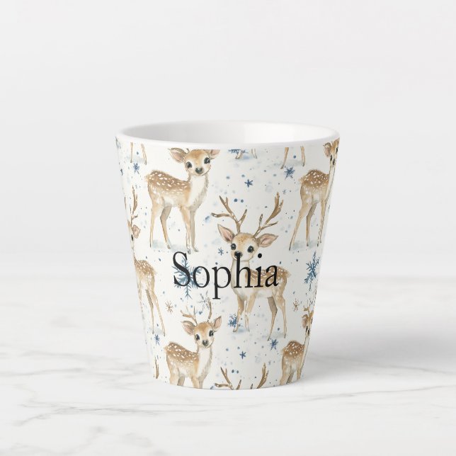 Tasse Latte Douces Flocons de Neige de Noël Bleus de Cerf (Devant)