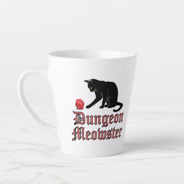 Tasse Latte Doungeon Meowster Drôle RPG Chat avec dés (Gauche)