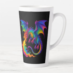 Tasse Latte Dragon arc-en-ciel respirant des flammes colorées 