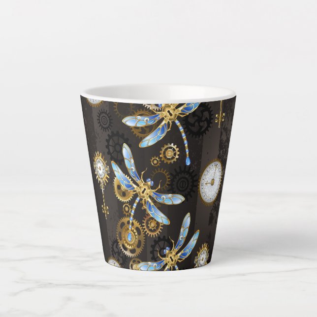Tasse Latte Dragonflies de Steampunk sur arrière - plan rayé b (Devant)