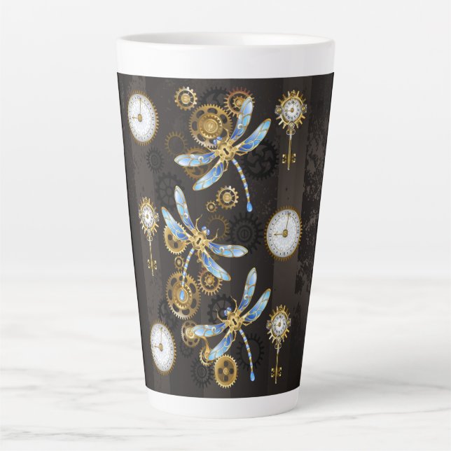 Tasse Latte Dragonflies de Steampunk sur arrière - plan rayé b (Devant)