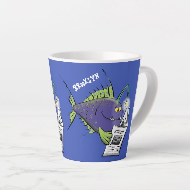 Tasse Latte Drôle caricature de poisson de pêcheur (Angle droit)