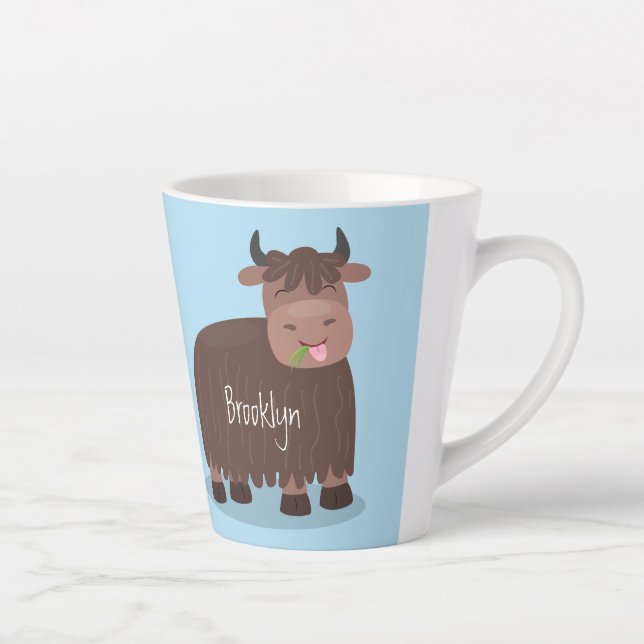 Tasse Latte Drôle joyeux yak mangeant de l'herbe dessin d'illu (Droite)