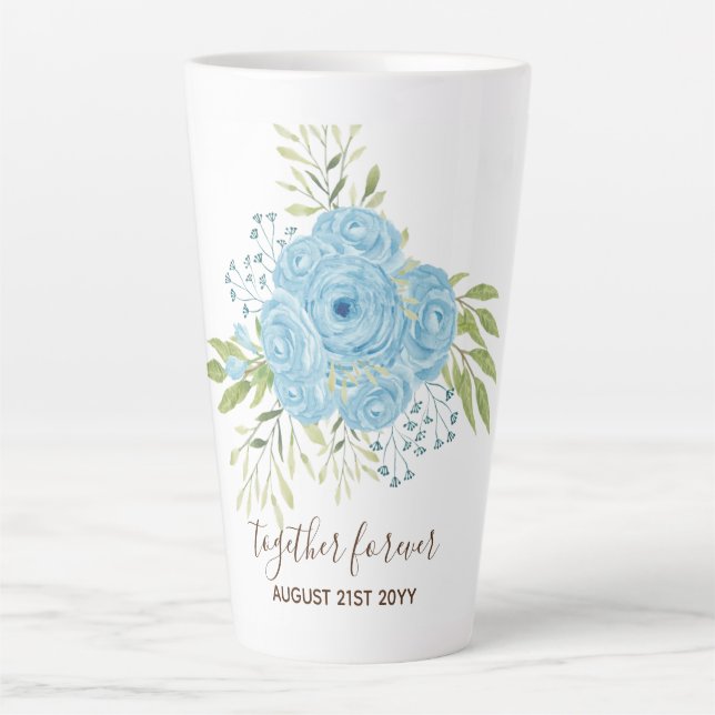 Tasse Latte Dusty Blue Roses NewlyWeds Mariage cadeau personne (Devant)
