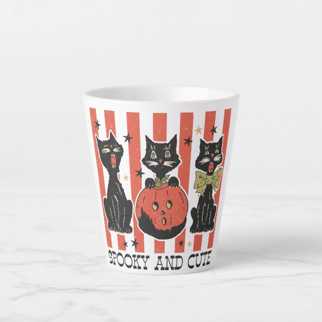 Tasse Latte Éffrayant et mignon - Chat noir et Citrouille (Devant)