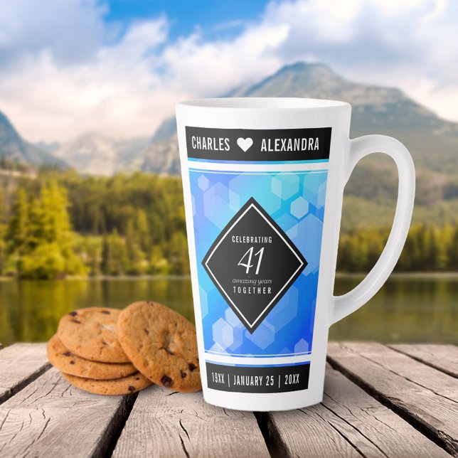 Tasse Latte Élégant 41ème anniversaire Mariage de Topaz Bleu (Elegant 41st Blue Topaz Wedding Anniversary Tall Latte Mug Cover Photo.)