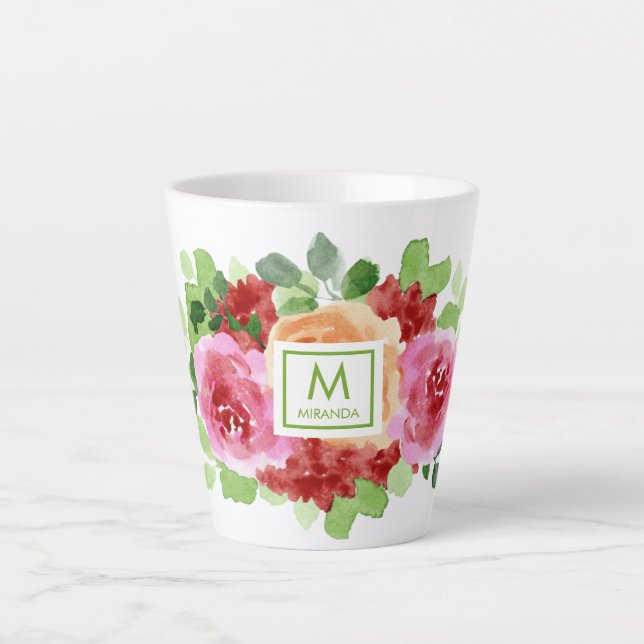 Tasse Latte Elégant aquarelle bouquet floral Monogramme (Devant)