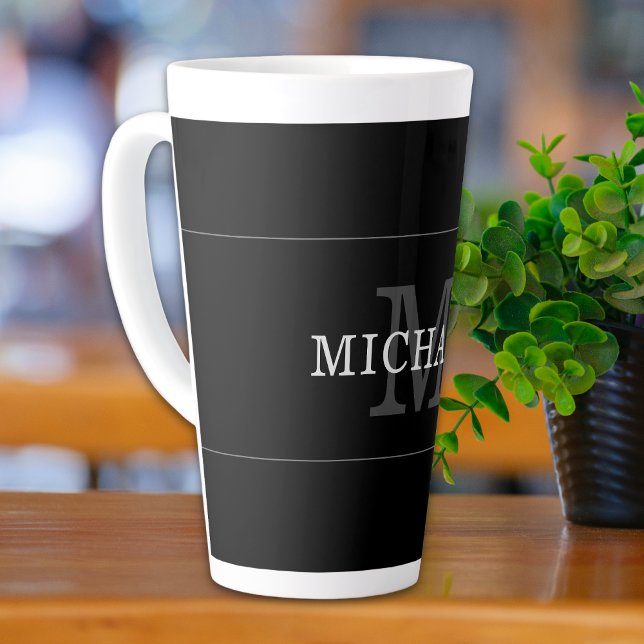 Tasse Latte Elegant Black Silver Monogram Name Personalized (Créateur téléchargé)