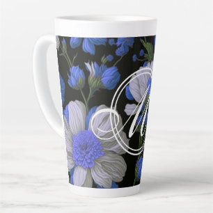 Tasse Latte Elégant bleu argenté blanc élégant floral rétro