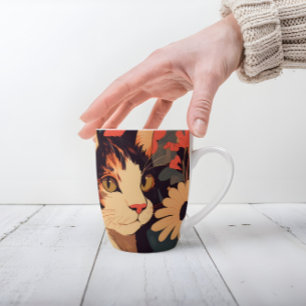 Tasse Latte Elégant Calico Chat dans le jardin floral