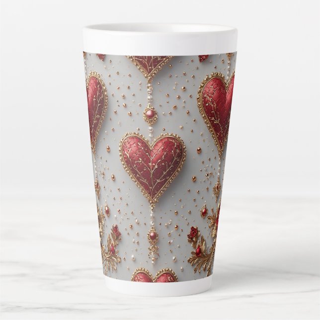 Tasse Latte Elégant Coeurs rouges avec Golden Floral Détails (Devant)