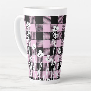 Tasse Latte Élégant doodé noir rose floral plaid motif