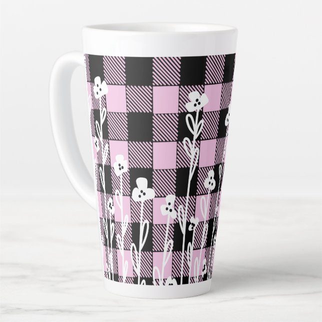 Tasse Latte Élégant doodé noir rose floral plaid motif (Angle gauche)