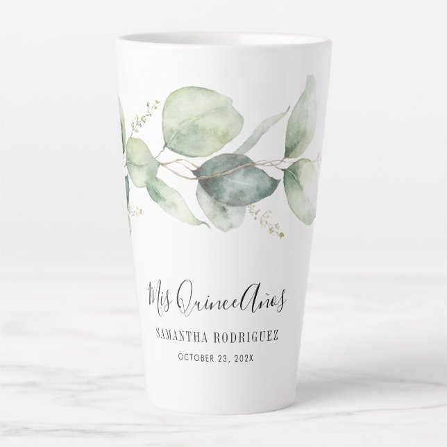 Tasse Latte Elégant Eucalyptus Quinceanera 15ème anniversaire  (Devant)