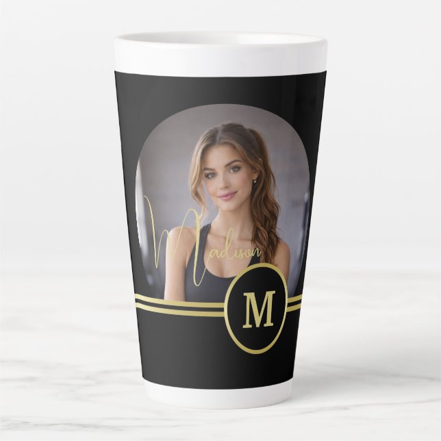 Tasse Latte Elegant Gold Signature Monogram with Photo (Devant)