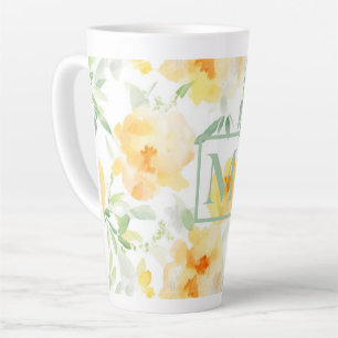Tasse Latte Elégant jaune pêche orange aquarelle fleurie