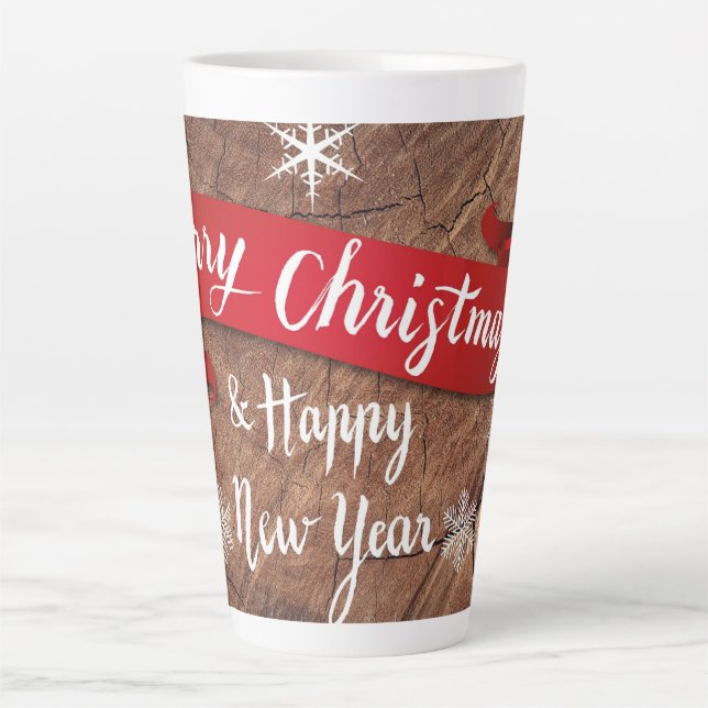 Tasse Latte Élégant Joyeux Noël Écriture Flocons de Neige Blan (Devant)