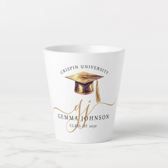 Tasse Latte Élégant monogramme de graduation en écriture dorée (Devant)