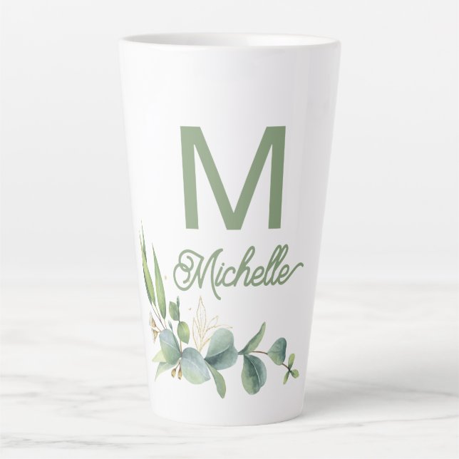 Tasse Latte Élégant Monogramme de verdure Nom personnalisé et  (Devant)