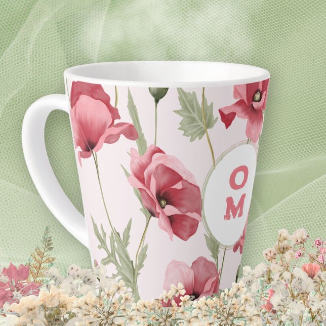 Tasse Latte Élégant Monogramme Feminine Fleur sauvage Pink Pop (Elegant Feminine Monogram Wildflower Pink Poppy Latte Mug ©Susanne Sachers - Sunny Mind 🌞)