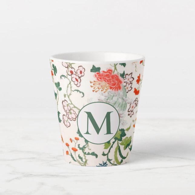 Tasse Latte Élégant Monogramme Floral (Devant)