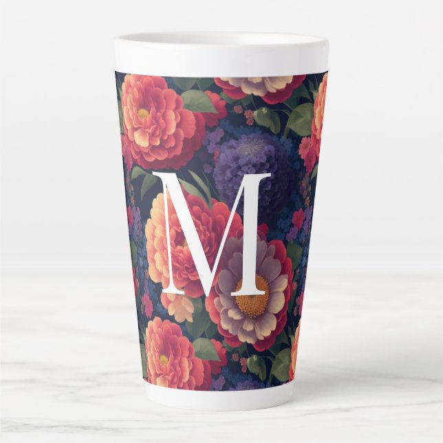 Tasse Latte Élégant monogramme romantique orange rouge floral (Devant)