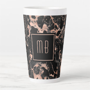 Tasse Latte Élégant Monogramme Rose Gold Marbre noir
