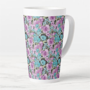 Tasse Latte Elégant motif floral rose pourpre fond noir