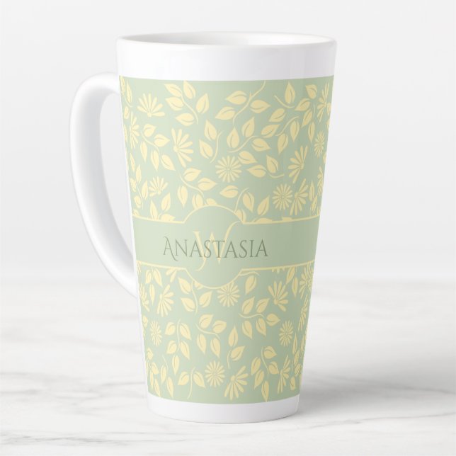 Tasse Latte Élégant nom de monogramme Motif feuille Pastel ver (Angle gauche)