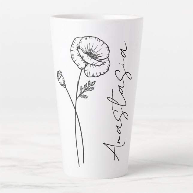Tasse Latte Élégant nom de script Poppy August Birth Flower (Devant)
