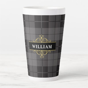 Tasse Latte Élégant Plaid Tartan Monogramme Noir Or
