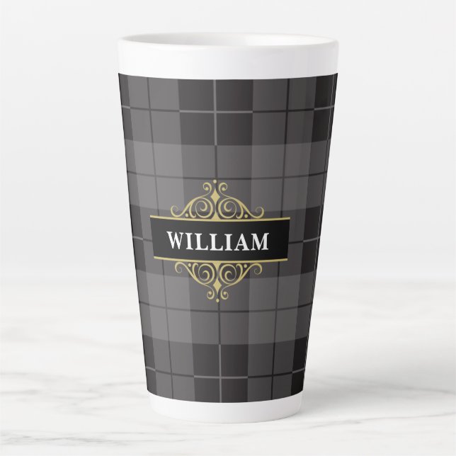 Tasse Latte Élégant Plaid Tartan Monogramme Noir Or (Devant)