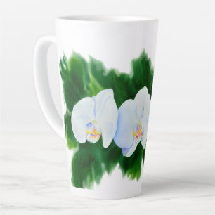 Tasse Latte Elégante peinture d'orchidée tropicale blanche