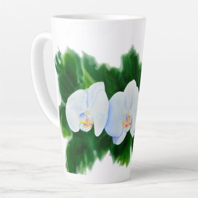 Tasse Latte Elégante peinture d'orchidée tropicale blanche (Angle gauche)