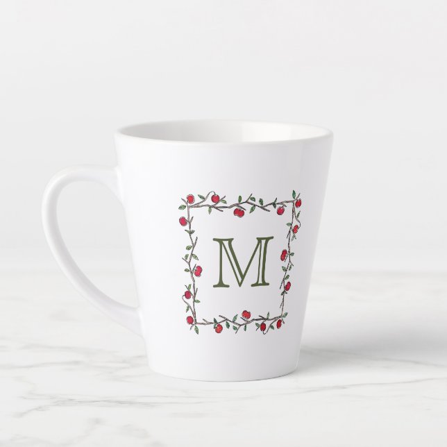 Tasse Latte Élégante Pomme Rouge Vin Noir Monogramme initial (Gauche)